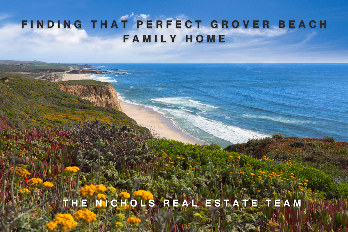 Scenic view of Grover Beach coastline with colorful wildflowers and cliffs, representing the search for Grover Beach family homes with The Nichols Real Estate Team.