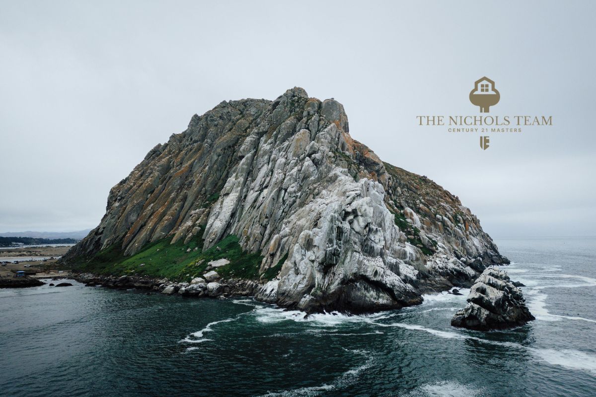 Aerial view of Morro Rock and the Pacific Ocean, symbolizing the natural beauty and investment potential of Morro Bay real estate.